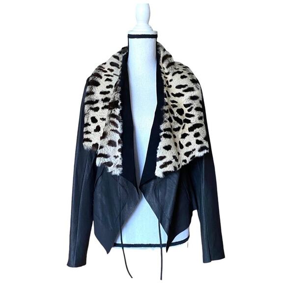 Y2k illia Cropped Black Leather Jacket Leopard Print Rabbit Fur Collar Sz 4/XS - Picture 5 of 12
